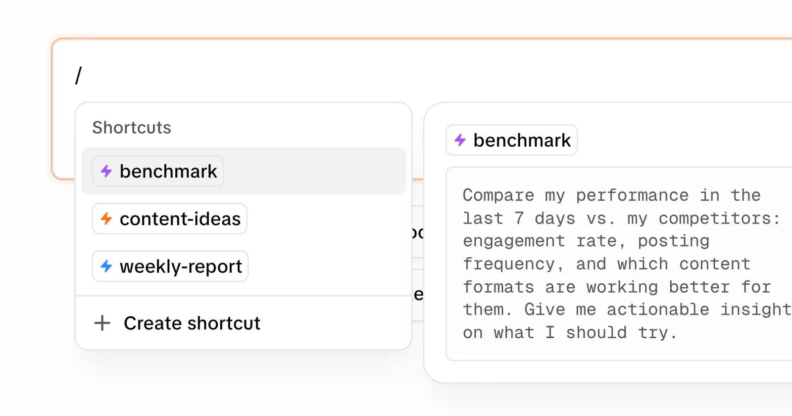 Menú de comandos con barra abierto en un dashboard de analítica social, mostrando opciones de atajos como 'benchmark,' 'content-ideas,' 'weekly-report,' y un botón para crear un atajo.