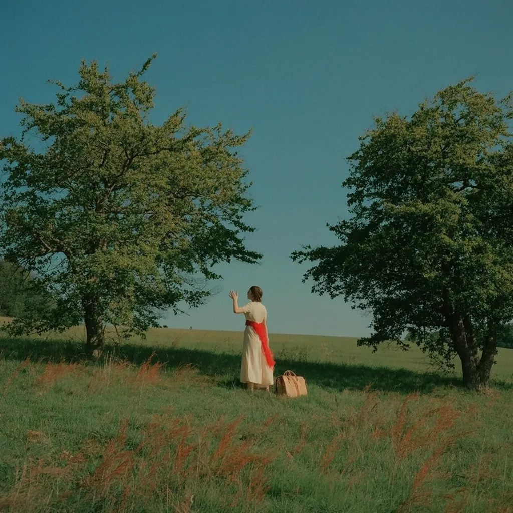 Storyboard variation via Remix: the woman sitting in the field with the purse, same palette and aesthetic as the mother image
