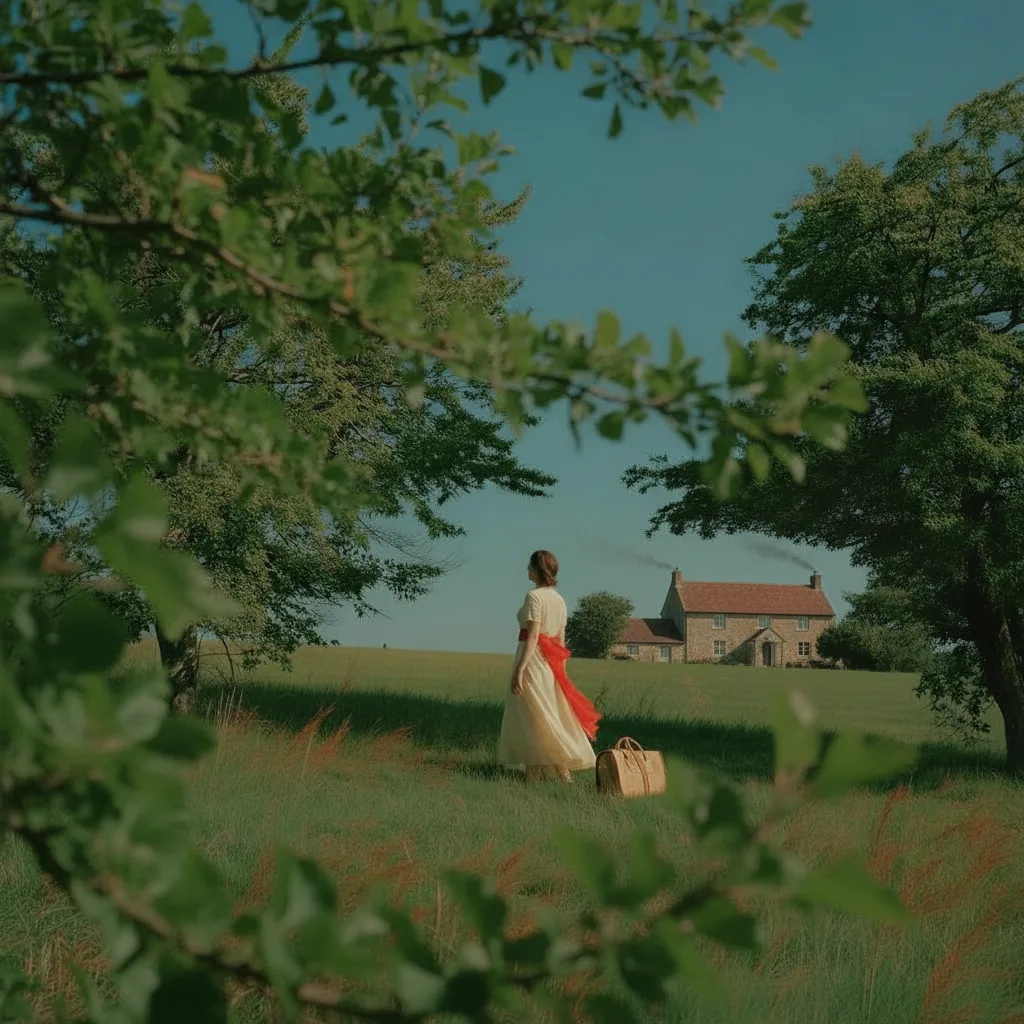 Wide shot: the woman walking toward the house in the field, the shot revealing the full scene