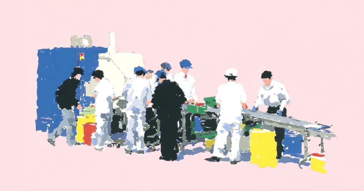 Ilustración de varias personas trabajando juntas en una línea de producción